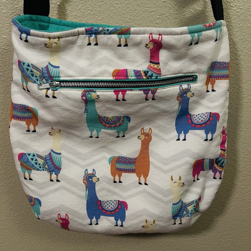 Fun Dopamine Crossbody Lama Bag  Canvas Fabric White‎ Mint Multicolor 14x14